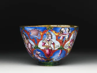 Kom met deksel, schotel en lepel met astrologische decoratie, begin 19e eeuw