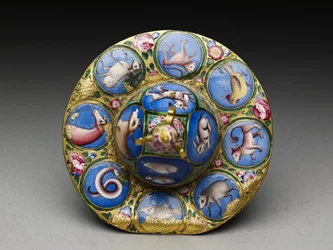 Kom met deksel, schotel en lepel met astrologische decoratie, begin 19e eeuw