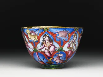 Kom met deksel, schotel en lepel met astrologische decoratie, begin 19e eeuw