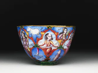 Kom met deksel, schotel en lepel met astrologische decoratie, begin 19e eeuw