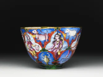 Kom met deksel, schotel en lepel met astrologische decoratie, begin 19e eeuw