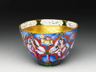 Kom met deksel, schotel en lepel met astrologische decoratie, begin 19e eeuw