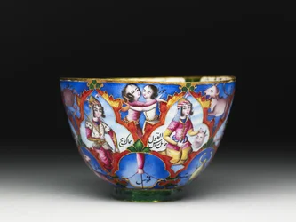 Kom met deksel, schotel en lepel met astrologische decoratie, begin 19e eeuw