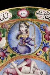 Dekselkom, schotel en lepel met astrologische decoratie, begin 19e eeuw