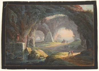 Een fantasielandschap met antieke ruïnes en figuren