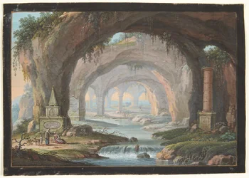 Landschap met Doorbroken Grotten, Grafmonumenten, een Rivier en Figuren