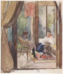 Dame en een jong meisje, beide lezend in de serre van het huis aan de Riouwstraat 6, te Den Haag