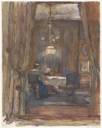 De huiskamer aan de Riouwstraat te Den Haag, bij avond