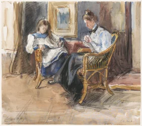 Handwerkende dame en lezend meisje in rieten stoelen gezeten, in het huis aan de Riouwstraat 6, te Den Haag