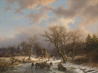 Een dorp en een oud gebouw in een boomrijk landschap aan een bevroren water