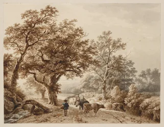 Een landschap met zwaar eikenhout gestoffeerd met vee en figuren