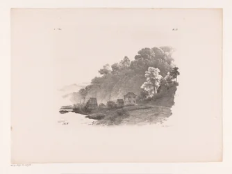 Heuvellandschap met rivier, landweg en huizen