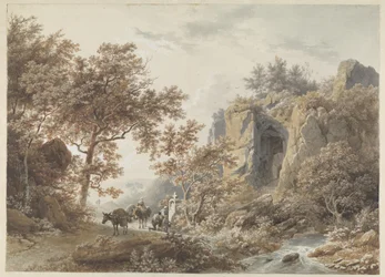 In een rotsachtig landschap bidden landlieden voor een kapel