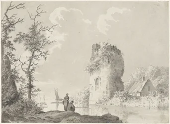 Rivierlandschap met toren en hengelaar