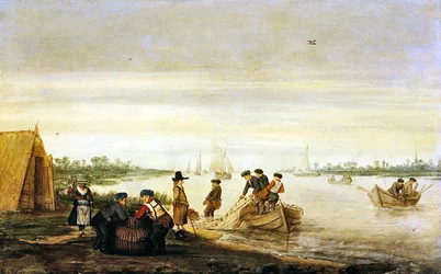 Rivierscène met vissers die netten ophalen