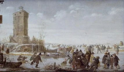 Schaatsers en elegante figuren met paardensleeën op een bevroren rivier bij een toren