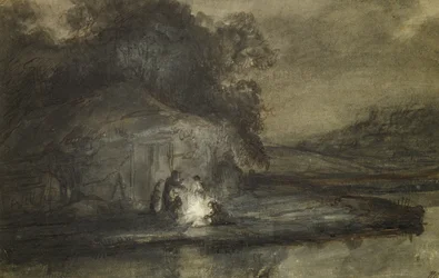 Nachtelijk Landschap met een Rivier en Herders