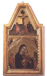 Madonna en kind met St. Johannes de Doper en St. Catherine, met kruisigingsscène boven