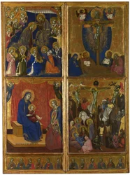 De kroning van de Maagd. De Drie-eenheid. De Maagd en het Kind met schenkers. De kruisiging. De twaalf apostelen, 1374