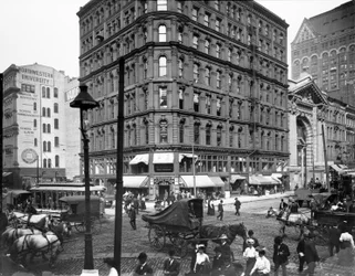 Randolph en Dearborn Streets, Chicago, Illinois, VS, ca. 1900