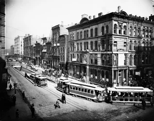 Trams die de LaSalle Street tunnel verlaten, Chicago, Illinois, VS, ca. 1905