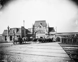 Union Stock Yards poort op Exchange Avenue, Chicago, Illinois, VS, ca.1905 (zwart-wit foto)