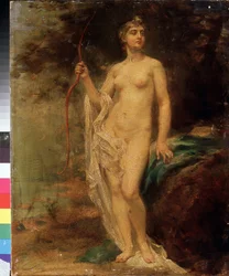 Diana. De naakte godin houdt haar boog vast, met een hooghartige blik, bij een rivier in het bos. Schilderij van Ernest Karlovich Liphart (1847-1932), olieverf op doek. Russische kunst