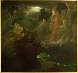 Ossian roept de geesten op aan de oevers van de rivier Lora met het geluid van zijn harp