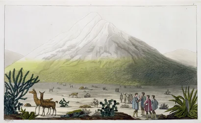 Berg Chimborazo, Ecuador, uit „Le Costume Ancien et Moderne“, deel II, plaat 3, door Jules Ferrario, gegraveerd door Paolo Fumagalli, gepubliceerd ca. jaren 1820-30