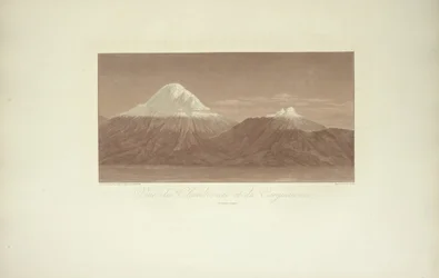 Gezicht op de Chimborazo en de Carguairazo, getekend door Gmelin, gegraveerd door Arnold, illustratie uit «Vues des Cordillères et Monumens des Peuples Indigènes de l