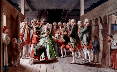 De Russische keizerin Elisabeth Iere Petrovna (1709-1762) op de dag van haar feest en haar toekomst op de keizerlijke troon, soldaten zweren haar trouw.