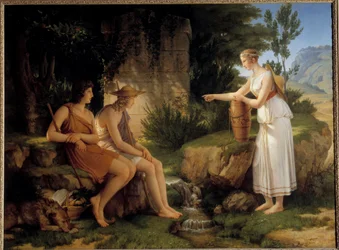 De herders bij het graf van Amyntas. Illustratie van de „Idyllen“ van Salomon Gessner, 1805. 1,31 x 1,76 m