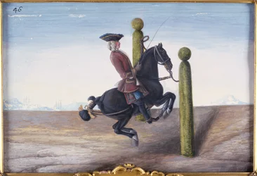 Nr. 46 Een bruin paard van de Spaanse Rijschool dat een dressuurbeweging genaamd de Croupade uitvoert
