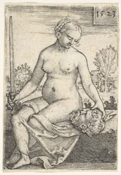 Judith, naakt zittend met een zwaard in haar rechterhand, neerkijkend op het hoofd van Holofernes ..., 1523