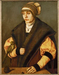 Portret van een vrouw met papegaai (schilderij op kalkhout)