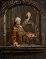Portret van Georges Desmarées aan zijn ezel schilderend