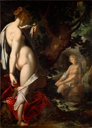 De najade Salmacis bewondert Hermaphroditus terwijl hij in een bron baadt