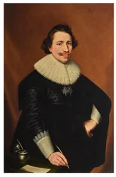 Portret van een heer, driekwart lang, met een ganzenveer;