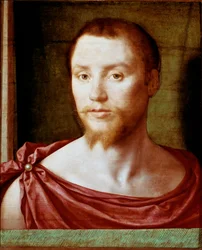 Portret van een man met het antieke rode gezicht met dubbele puntbaard (of geit), bedekt met een lendendoek. Schilderij op hout toegeschreven aan Pseudo Felix Chretien (ca. 1510-1579). circa 1535-1550