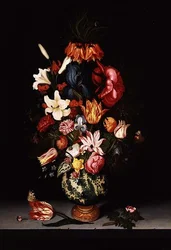 Stilleven van Bloemen op een Stenen Lijst