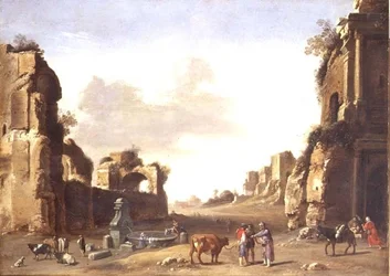 Klassieke ruïnes met boeren die hun dieren water geven
