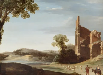 Landschap met klassieke ruïnes en figuren, ca. 1630