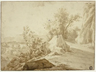 Rotsen en bergpad, figuren en stad beneden
