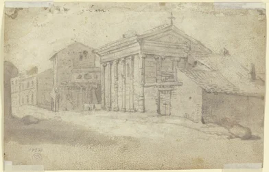 Straat met antieke tempel van de Ionische orde, nu een christelijke kerk met toegevoegde zuilenrij
