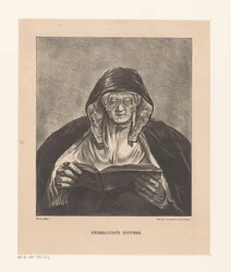 Portret van een oude lezende vrouw