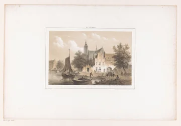 Stadsgezicht met rivier en kerk