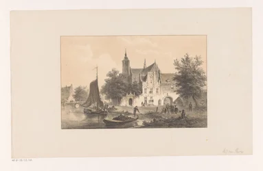 Stadsgezicht met rivier en kerk