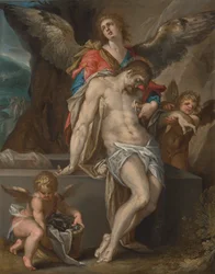 Het lichaam van Christus ondersteund door engelen