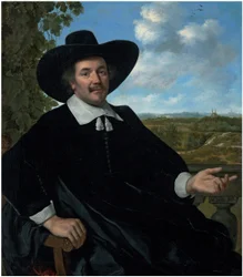 Portret van Gabriel Marselis, driekwart, zittend, voor een balustrade, een landschap met een landhuis en in de verte Haarlem