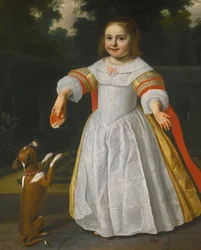 Portret van een meisje met een broodje-bun en een hond